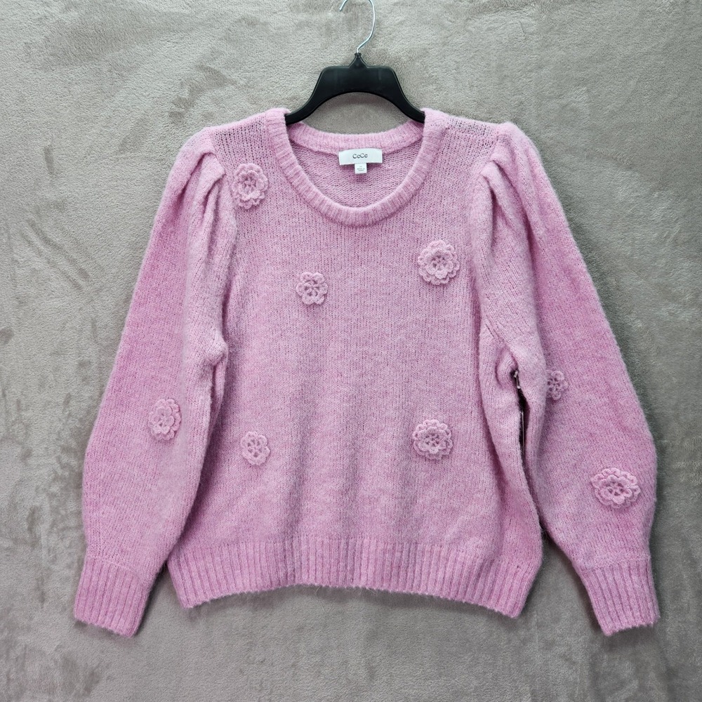 CeCe Sweater Womens‎ Plus 2X Pink Rosette Floral Puff Sleeve Cottagecore Classic
